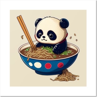 kawaii cute panda eating ramen Posters and Art